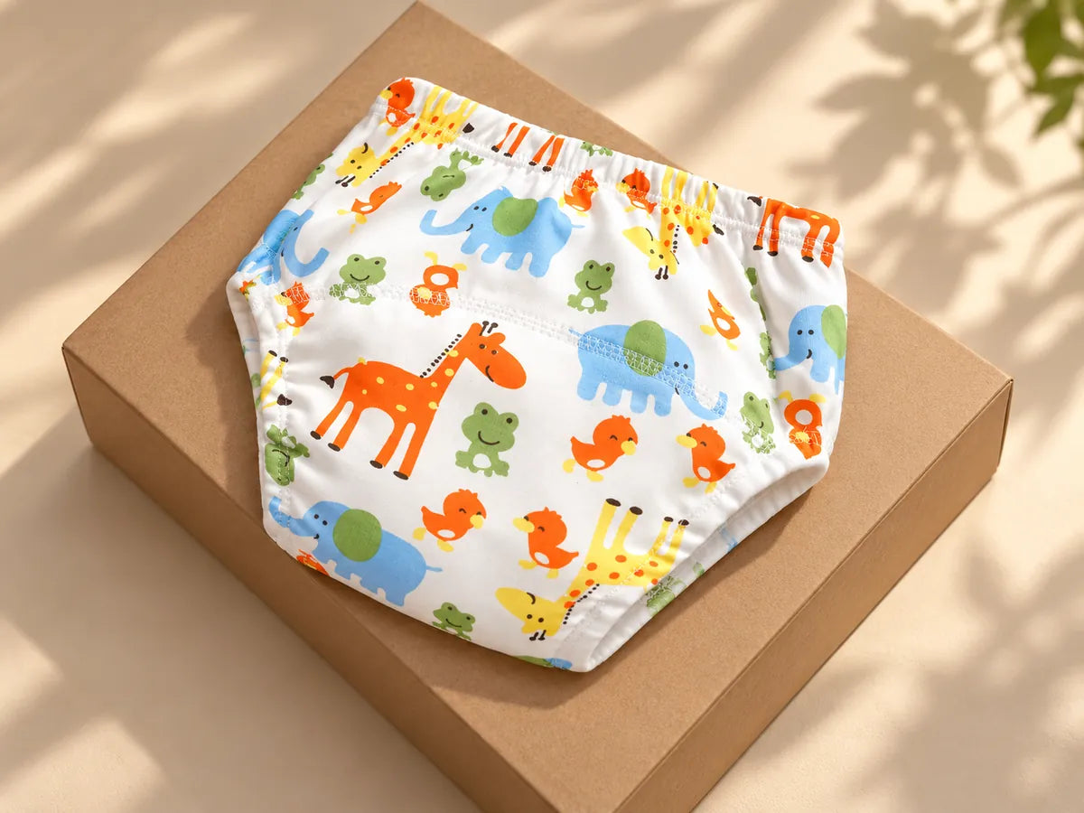 Chiloței Bumby cu imprimeu cu animale, prezentați pe o cutie simplă.