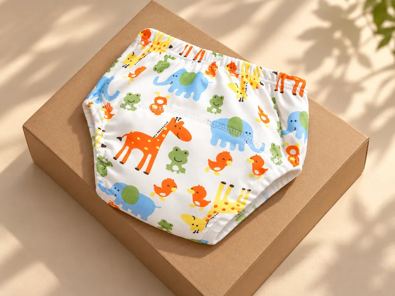 Chiloței Bumby cu imprimeu cu animale, prezentați pe o cutie simplă.
