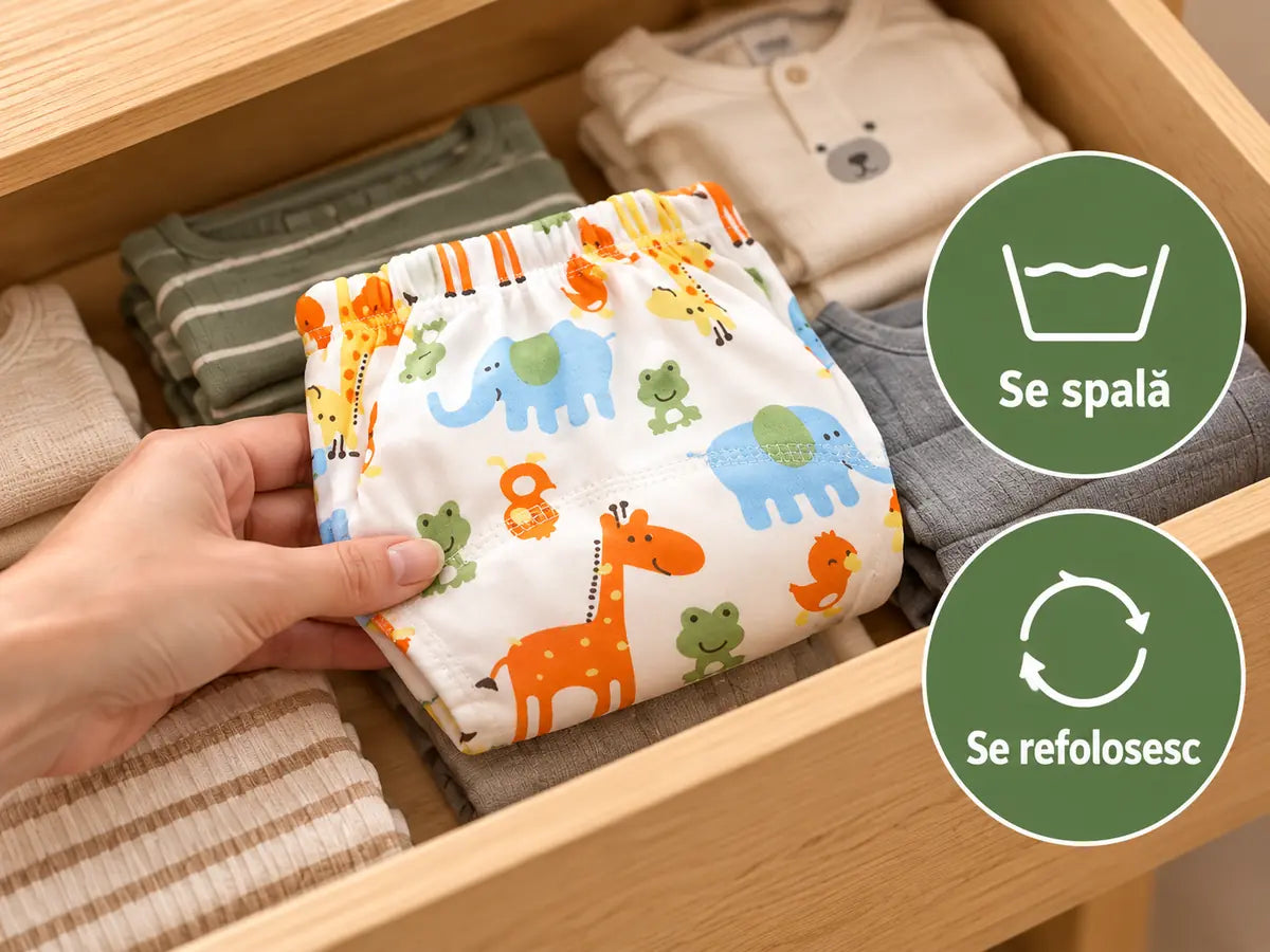 O pereche Bumby așezată în sertar, cu pictograme Se spală și Se refolosesc.
