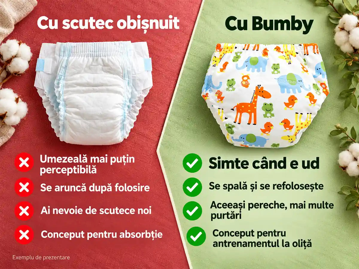 Comparație între scutecul obișnuit și Bumby, pe fundal roșu și verde.