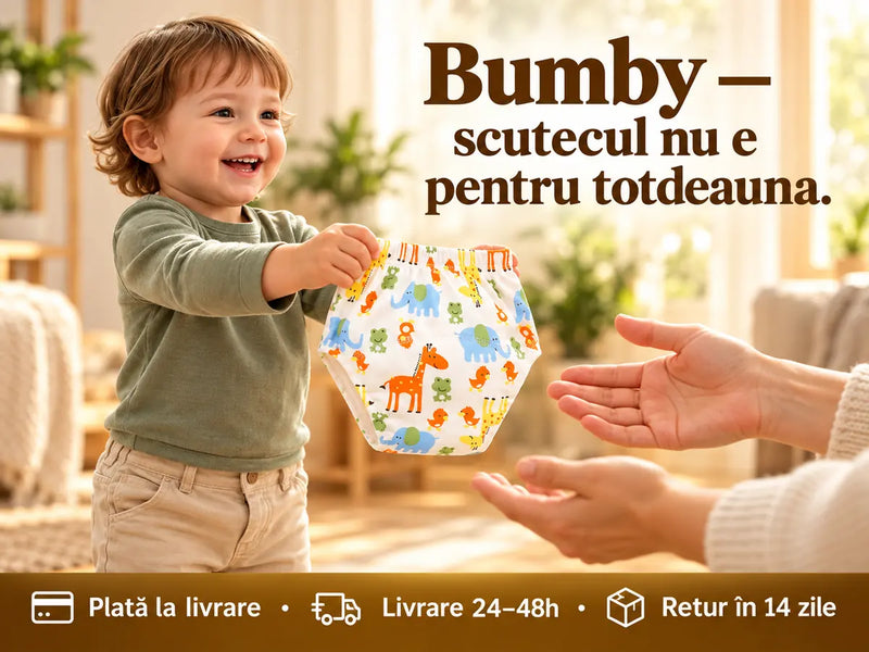 Copil îmbrăcat care oferă o pereche Bumby unui părinte, cu titlu și bandă de livrare și retur.